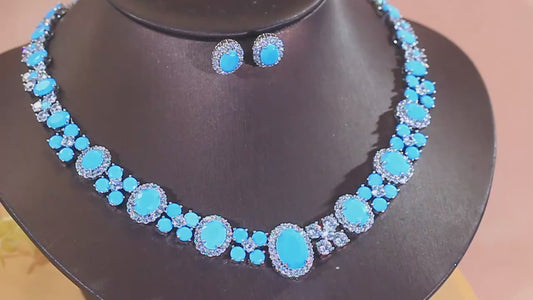 Charming Blue CZ Jewelry Set Turquoise Cubic Zirconia Oval Shaped Necklace Earrings Jewelry Set for Brides Wedding Costume Gift