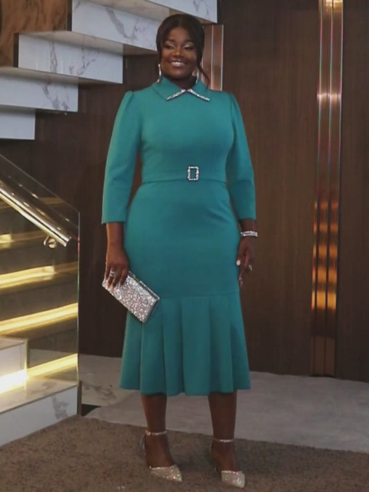 Glitter Turn Down Collar Office Lady Mermaid Career Dress With Belt