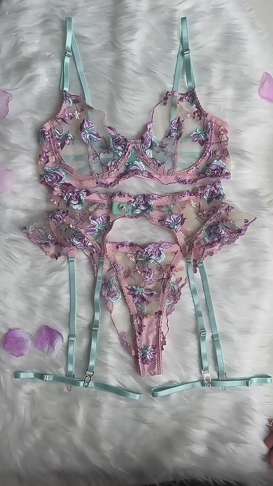 Women Sexy Lingerie Purple Embroidery Three Set Hollowed Out Underwear for Women