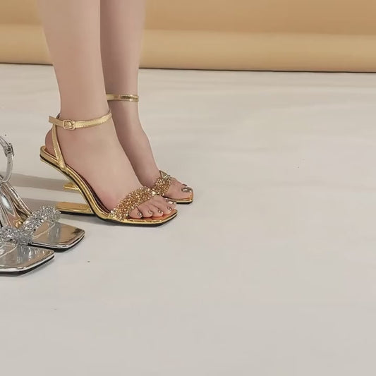 2025 Rhinestone Sandals Gold Shaped Heel Slippers Women Silver Party Dress Mules   Summer High Heels