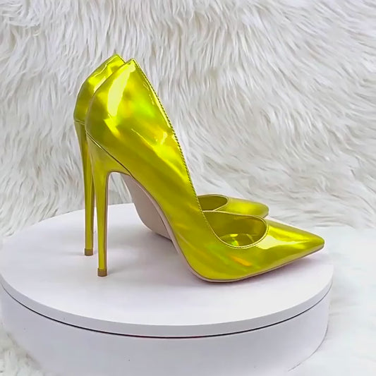 2025 New Laser Gold High Heels 12CM Pointed Fine Heels Red 8CM Women's Shoes