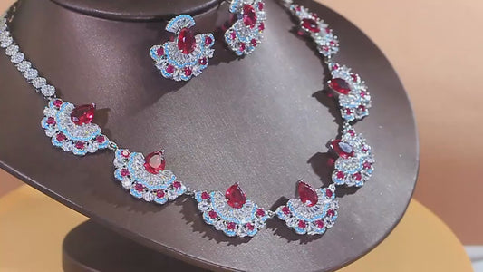 Discover Beauty Jewelry Set Rhodium Plated Rose Red Turquoise CZ Dress Drop Tennis Jewelry Set for Women Brides Lady Costume Accessories