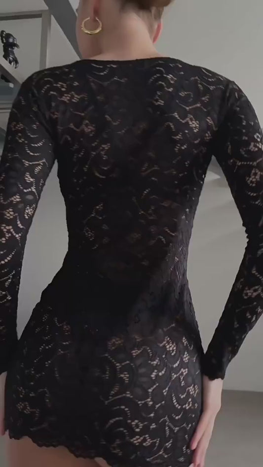 Hot Sale Girls Super Sexy Lace Sheer Top Open Back Fitted Skirt Black Lace Separate Sexy Mini Dress Lingerie Party Sexy Lingerie