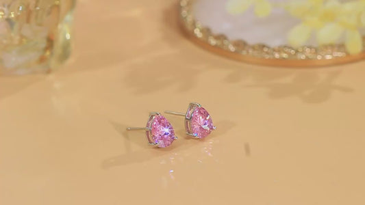 Brilliant Sterling Silver 925 Stud Earrings Zircon 8mm Big Water Drop Shape Pink Stud Earrings for Women Party Anniversary Gifts