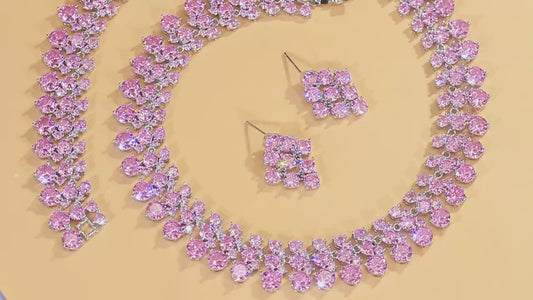 Super Luxurious Round Cubic Zirconia Necklace and Earrings Engagement Wedding Romantic Pink Chunky Big Jewelry Set for Women