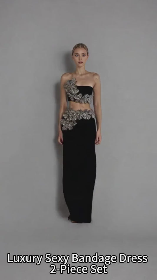 Luxury Sexy Bandage Dress 2-Piece Sets Shiny Diamonds Flower Strapless Evening Party Dresses Set for Woman