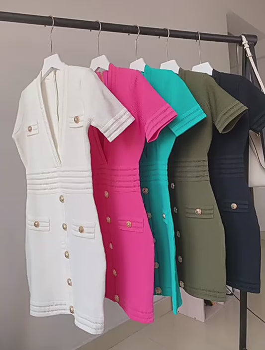 Hot Selling  Quality Short Sleeve V-neck Slim Knitting Casual Sheath Mini Dress Women